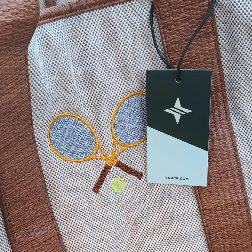 Brown and Cream Tote Bag with Tennis Racket Design